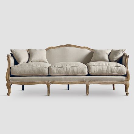 Sofa aus massiver, natürlich gebürsteter Eiche und Leinenstoff – Cycas Viadurini