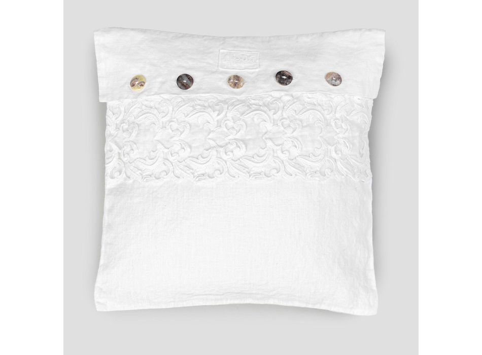 Weißer quadratischer Kissenbezug mit italienischer Luxusspitze und Knöpfen – Logos Viadurini
