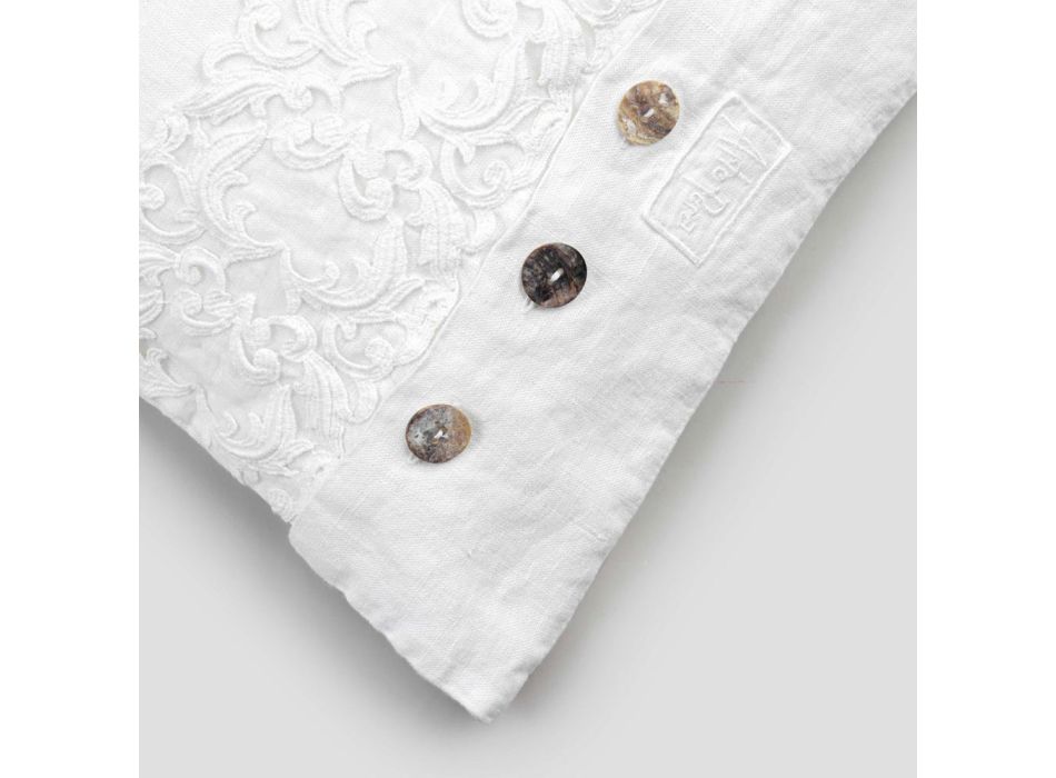Weißer quadratischer Kissenbezug mit italienischer Luxusspitze und Knöpfen – Logos Viadurini