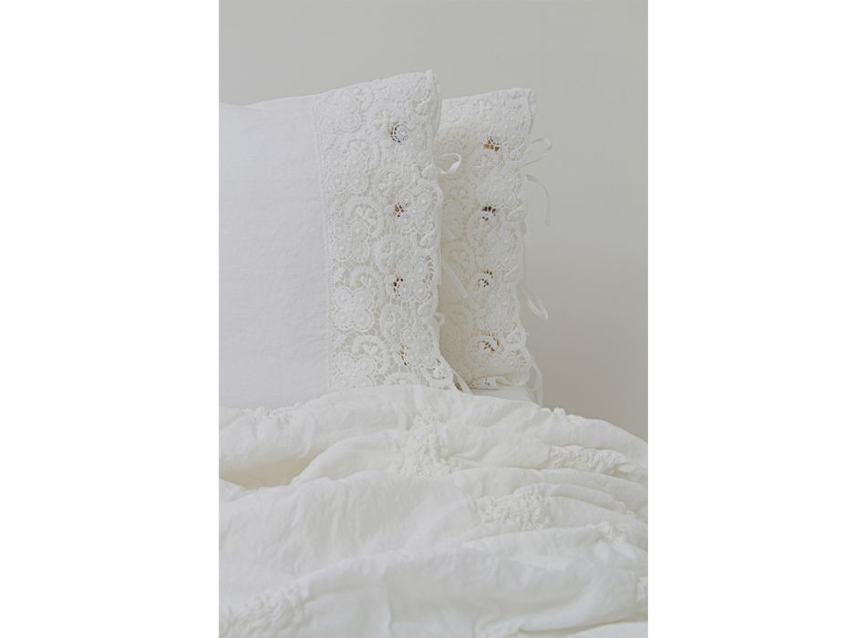 Leinen Kissenbezug mit weißer Spitze für Luxus Design Bett Made in Italy - Kiss Viadurini