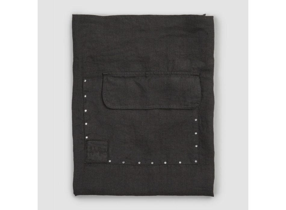 Schwarze Küchenschürze aus Leinen mit Kristallen, niedriges Modell mit Tasche – Click Viadurini