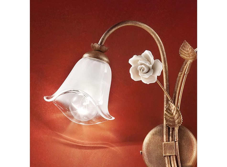 Wandleuchte 2 Leuchten aus Eisen und Glas mit Rose aus Keramik - Siena Viadurini