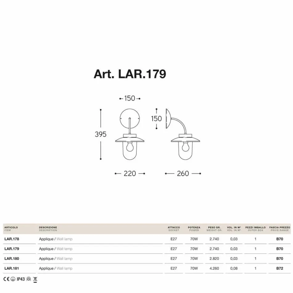 Wandleuchte La Traviata Kupfer, Glas, Messing antik Viadurini