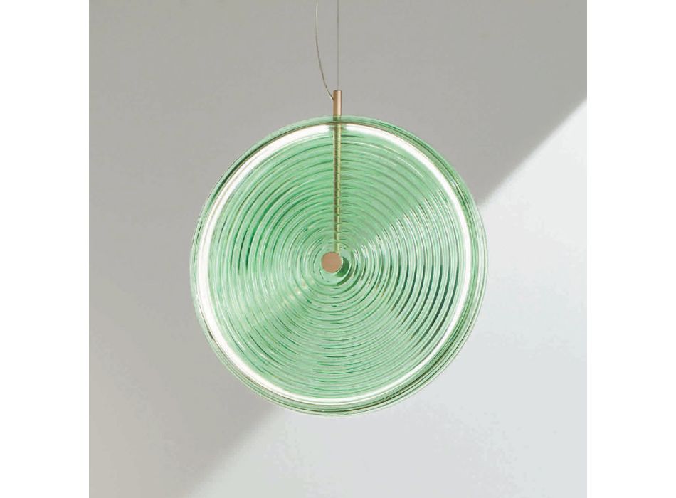Hängelampe aus Metall und Glas, verziert mit konzentrischen Linien – Hackberry Viadurini
