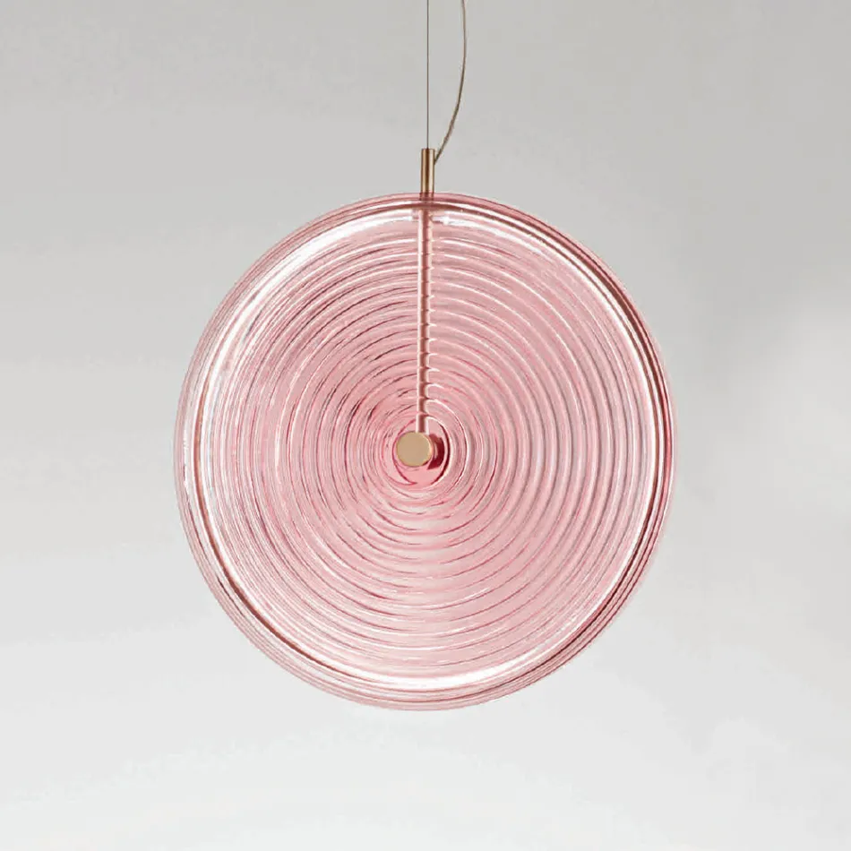Hängelampe aus Metall und Glas, verziert mit konzentrischen Linien – Hackberry Viadurini