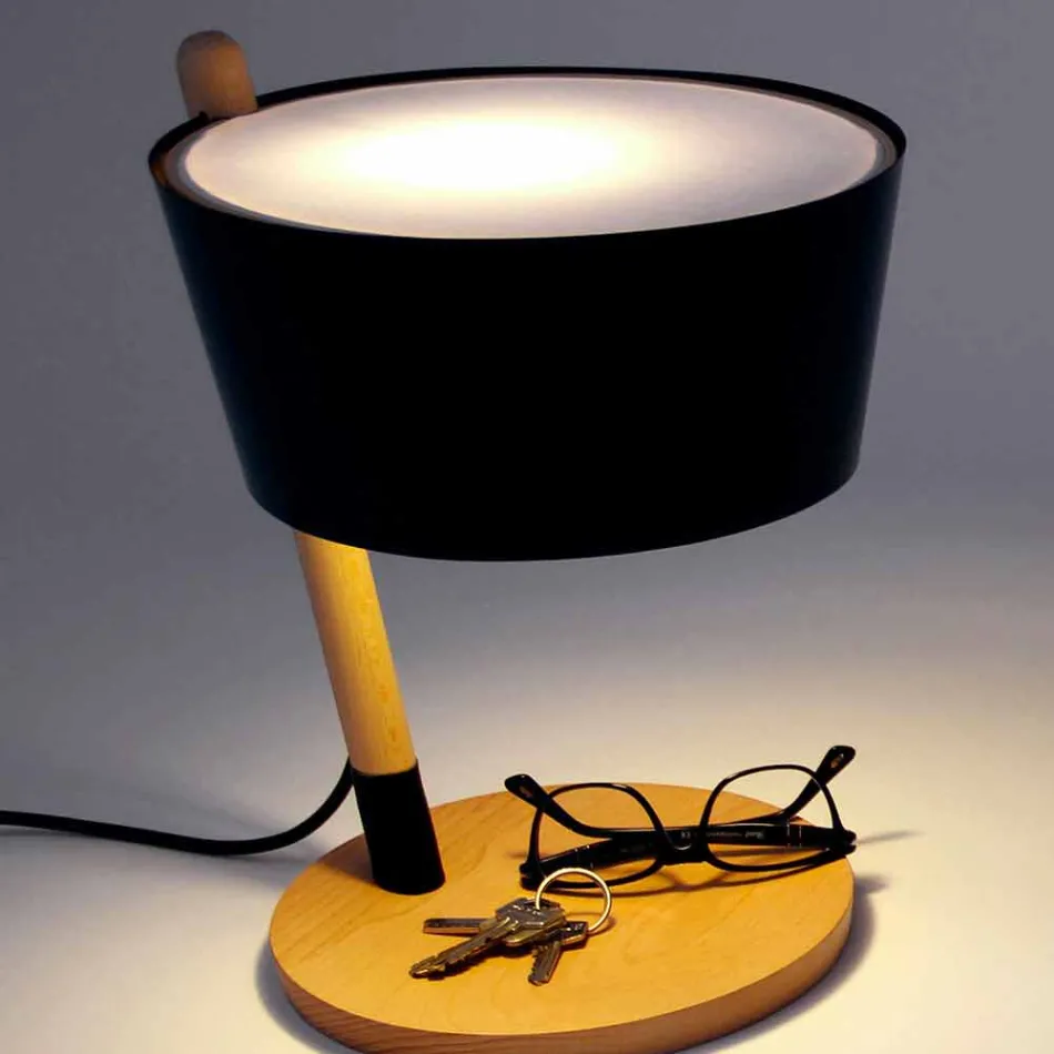 Tischleuchte aus Buche mit Details aus Metall und veganem Leder - Avetta Viadurini