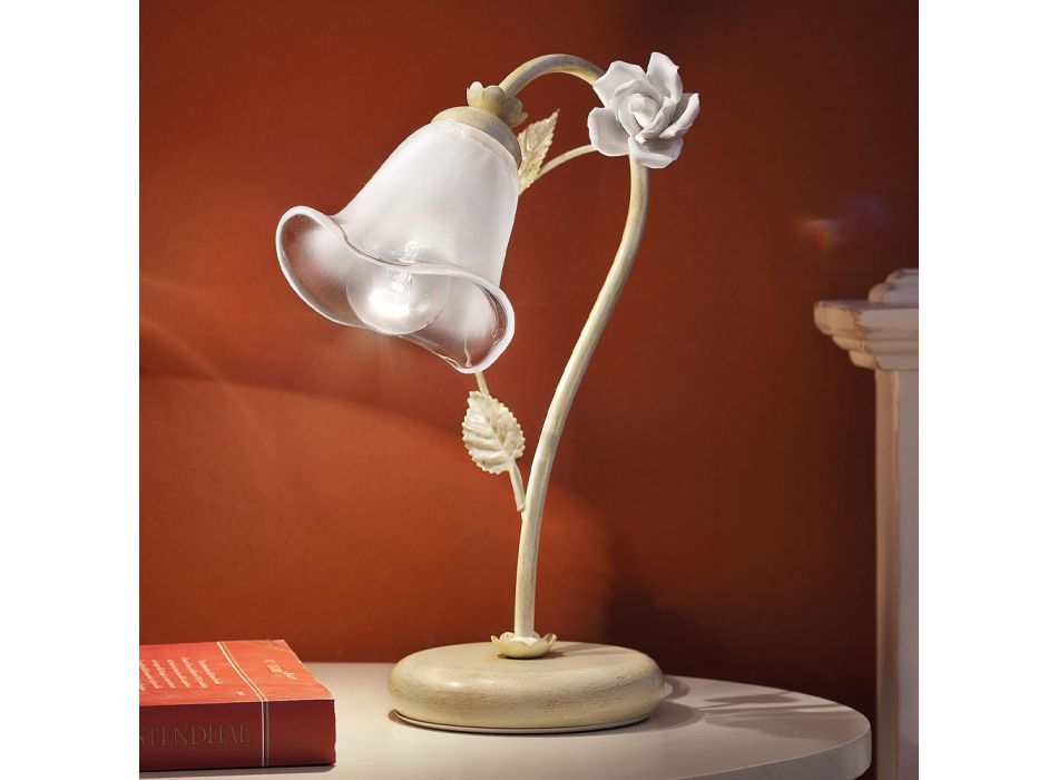 Tischlampe aus Eisen und Glas mit Rose aus Keramik - Siena Viadurini