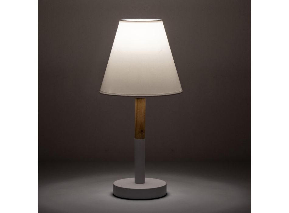 Tischlampe aus weißem Metall und Holz mit Lampenschirm aus Segeltuch - Sannah Viadurini