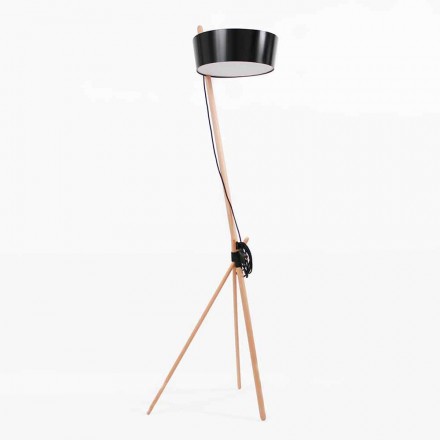 Stehlampe aus Holz und Metall mit Details aus veganem Leder - Avetta Viadurini