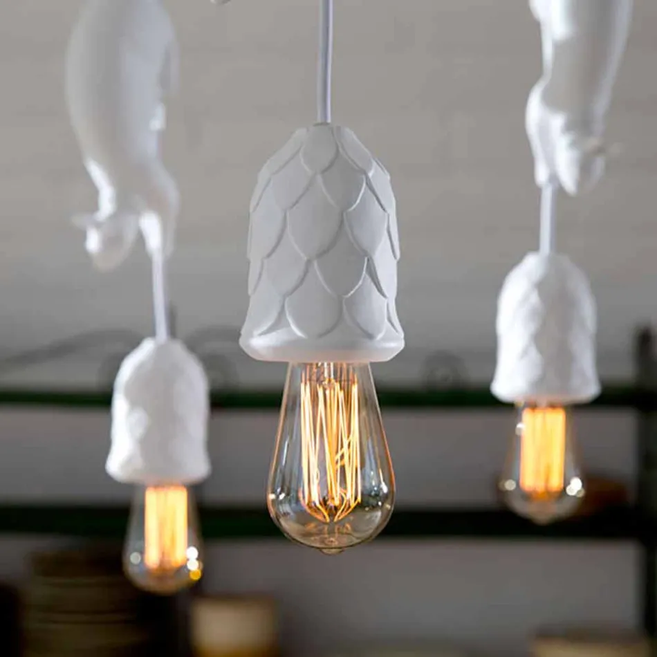 Hängelampe aus mattweißer Keramik mit Eichhörnchen und Eichel - Eichhörnchen Viadurini