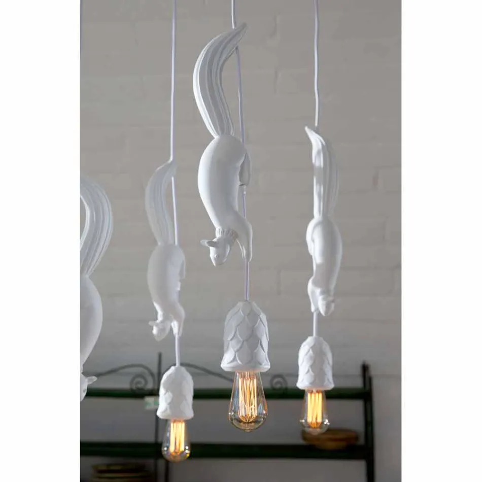 Hängelampe aus mattweißer Keramik mit Eichhörnchen und Eichel - Eichhörnchen Viadurini