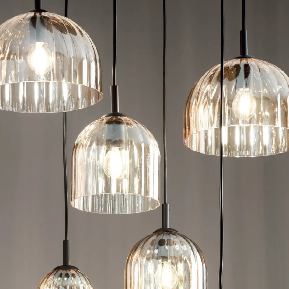 Hängelampe aus geblasenem gestreiftem Glas und lackiertem Metall - Giuliano Viadurini