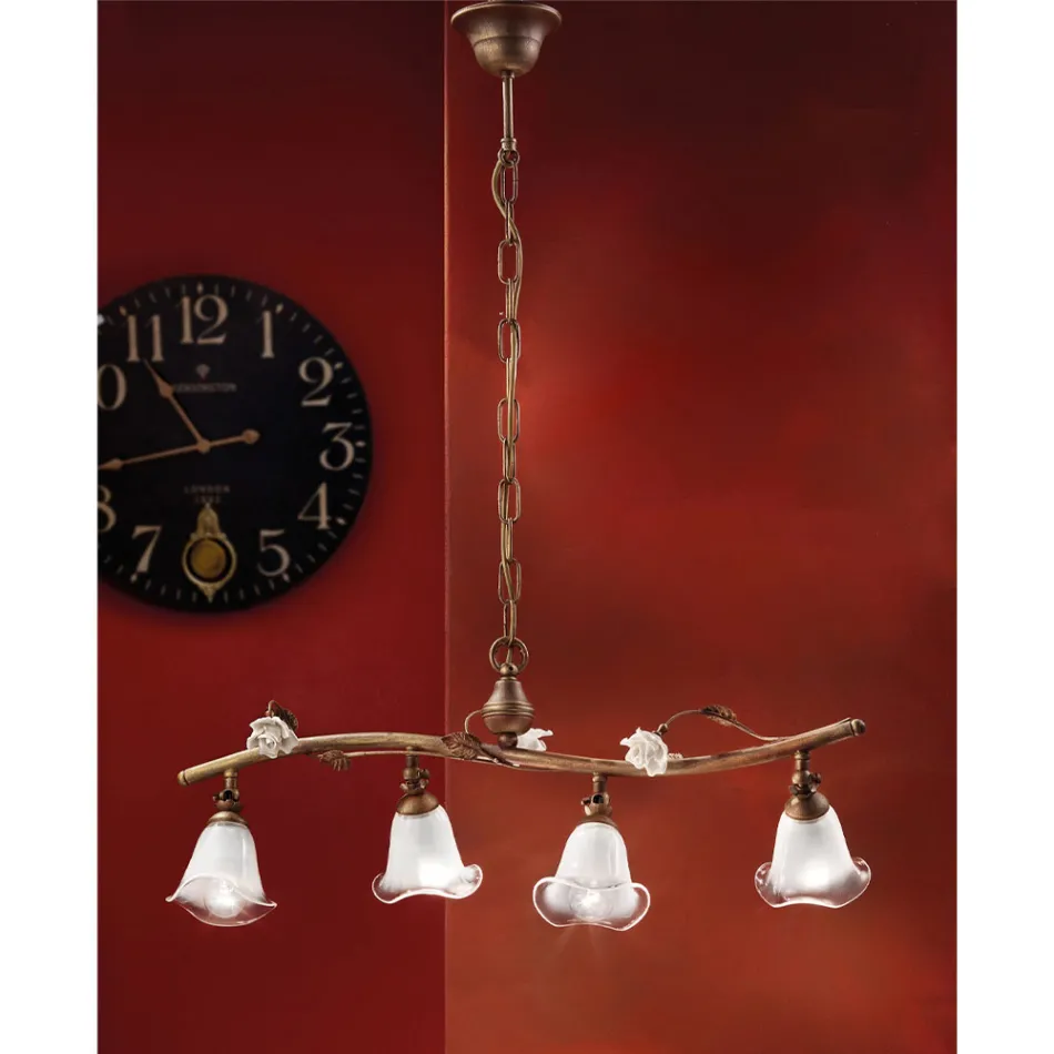 Lineare Pendelleuchte 4 Lichter aus Eisen, Glas und Keramikrosen - Siena Viadurini