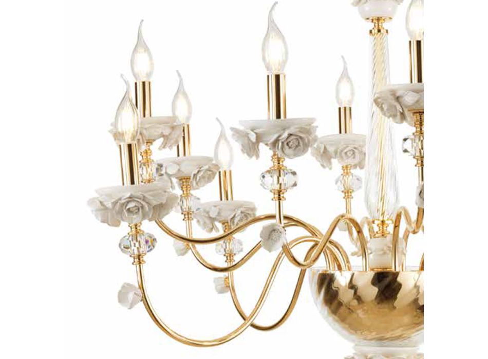 Klassischer Kronleuchter mit 12 Lichtern aus Porzellan und luxuriösem mundgeblasenem Glas - Eteria Viadurini