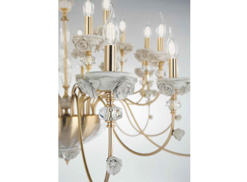 Klassischer Kronleuchter mit 12 Lichtern aus Porzellan und luxuriösem mundgeblasenem Glas - Eteria Viadurini