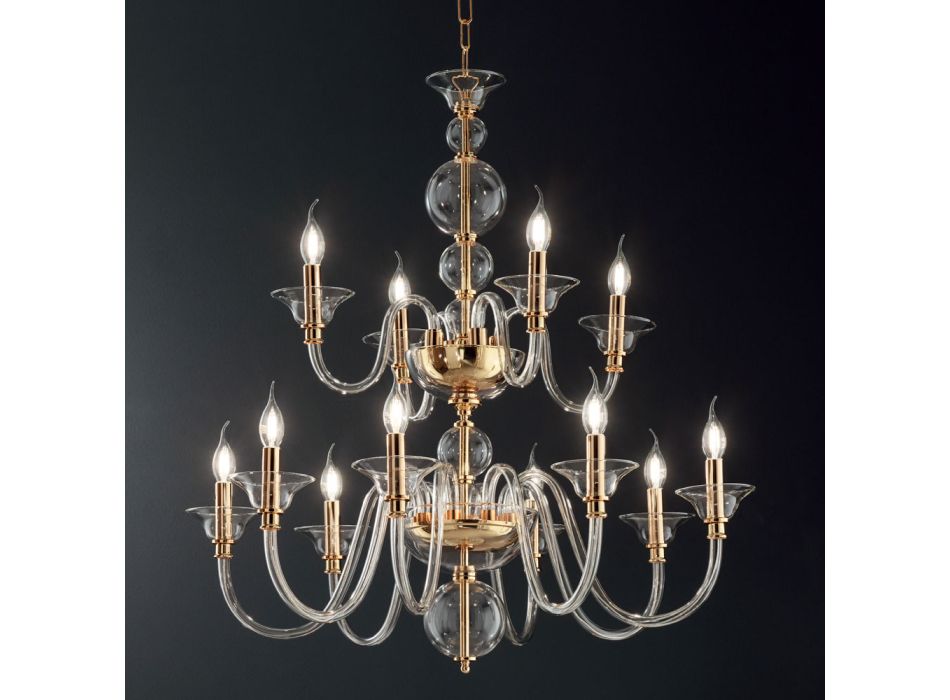 Klassischer Kronleuchter 12 Lichter aus italienischem handgefertigtem Glas und Metall - Memore Viadurini