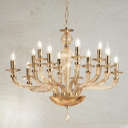Klassischer Kronleuchter mit 12 Lichtern aus handgefertigtem Rigaton-Glas und goldenem Metall - Fievole Viadurini