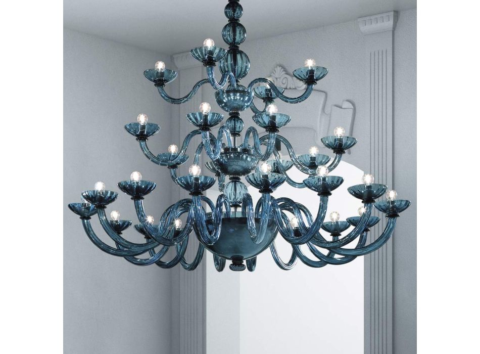 Handgefertigter Kronleuchter 28 Lichter aus blauem venezianischem Glas und Metall - Foscarino Viadurini