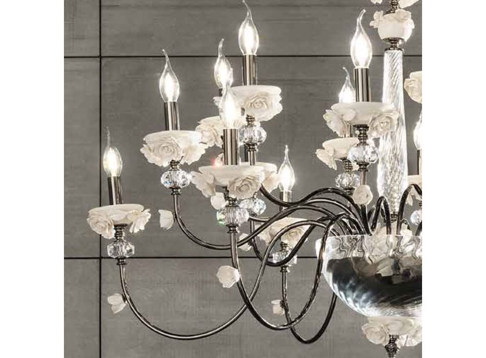 Klassischer Kronleuchter mit 30 Lichtern aus Porzellan und luxuriösem mundgeblasenem Glas - Eteria Viadurini
