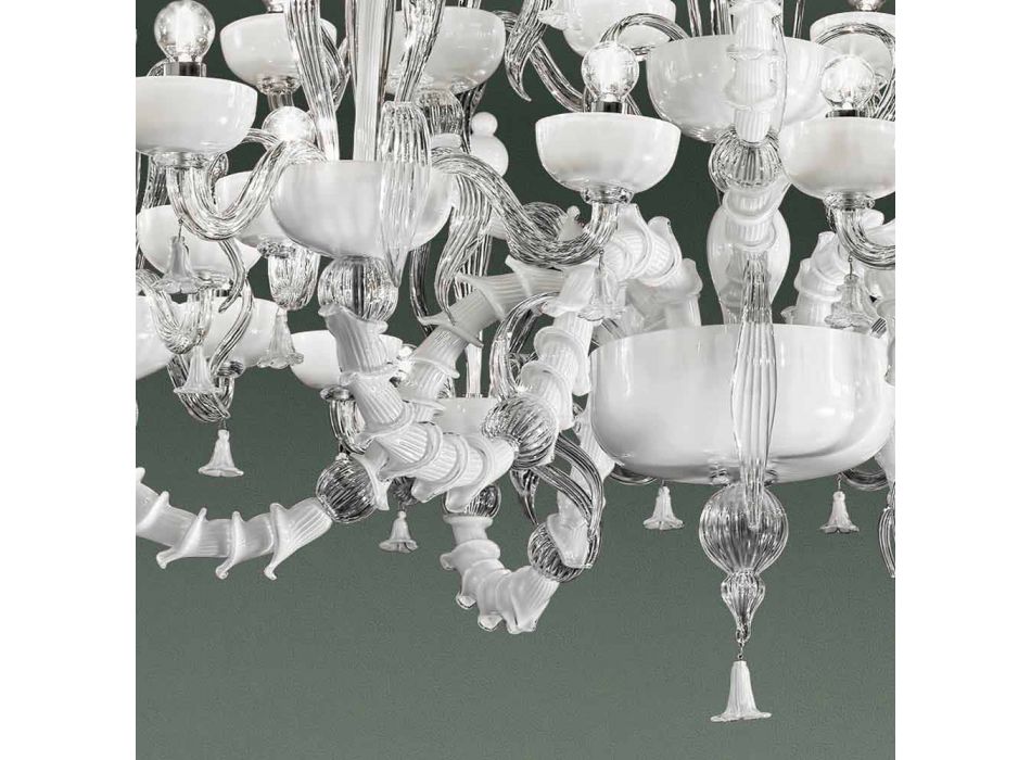 Kronleuchter mit 27 Lichtern aus weißem Venedig Glas, handgefertigt in Italien - Regina Viadurini