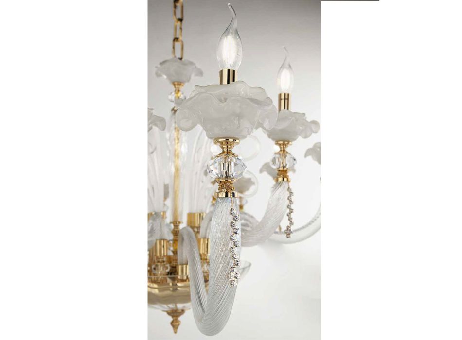 Klassischer 6-flammiger Kronleuchter aus mundgeblasenem Glas mit floralen Details - Bluminda Viadurini