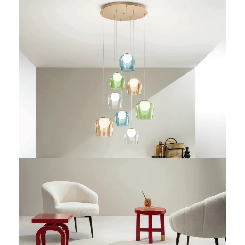 Kronleuchter mit 8 LEDs, optional mit farbigem Glas abgedeckt und Sockel aus Metall – Buche Viadurini