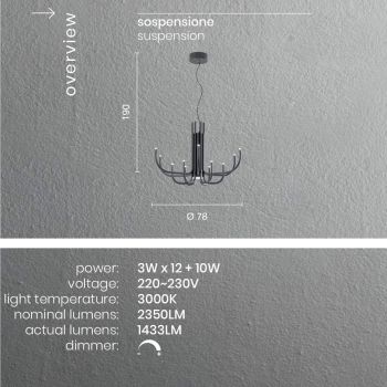 13-flammiger LED-Kronleuchter aus weiß, schwarz oder gold lackiertem Metall - Skorpion