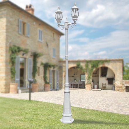 Laternenpfahl mit 2 Lichtern im Vintage-Stil aus weißem Aluminium, hergestellt in Italien – Dodo Viadurini