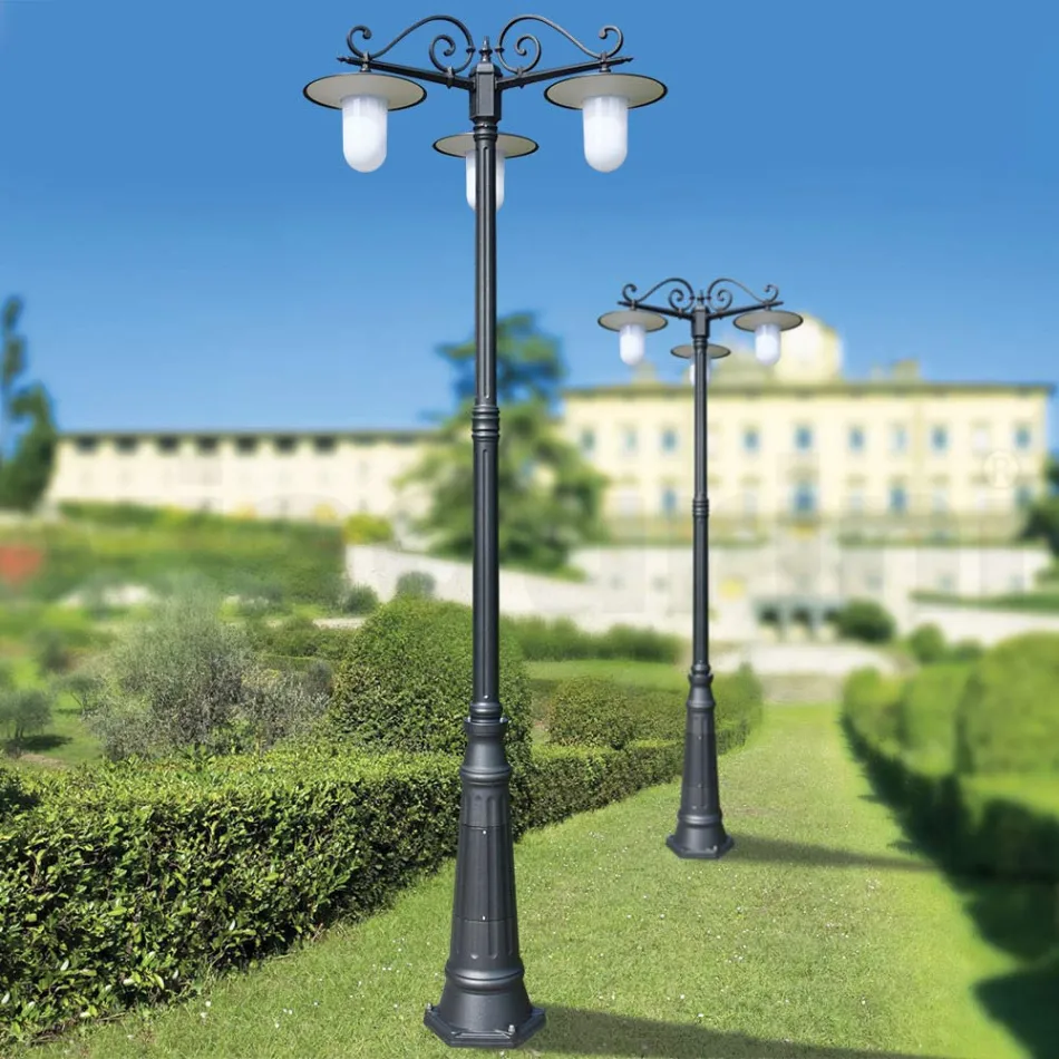 Straßenlampe im Vintage-Stil mit 3 Lichtern aus grauem Aluminium, hergestellt in Italien – Belen Viadurini