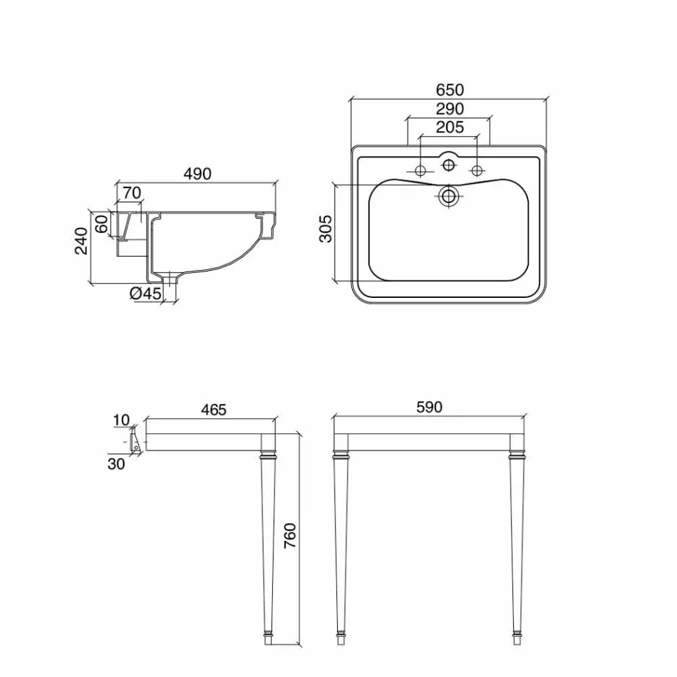 Waschbecken Konsole 65 cm in Keramik mit Metallfüßen, Vintage Style - Marwa Viadurini
