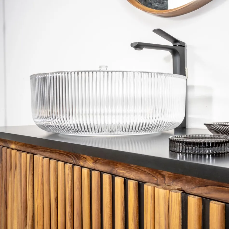 Rundes Aufsatzwaschbecken aus venezianischem Plissè-Glas, hergestellt in Italien – Zirkon Viadurini