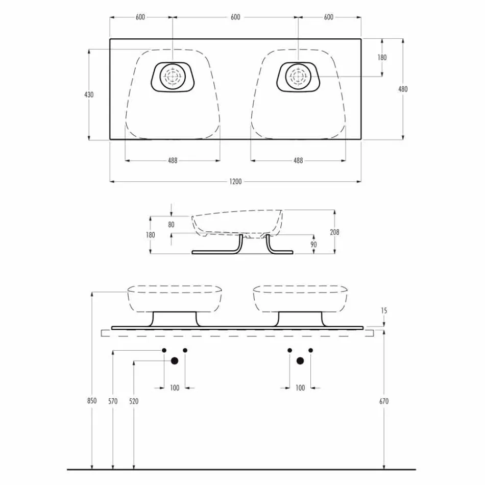 Modernes Doppelwaschbecken aus Keramik made in Italy, Reale Viadurini