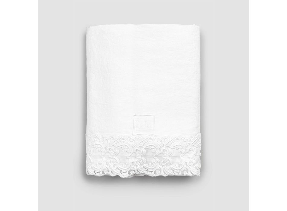 Hochwertiges weißes Leinenlaken mit Spitze für Doppelbett – Fiumana Viadurini