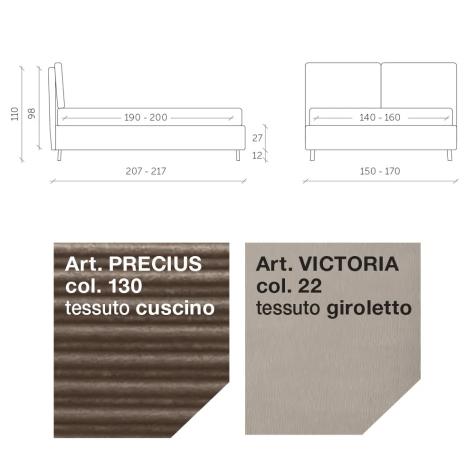 Doppelbett 160x190 mit 2 weichen Kissen im Kopfteil - Tramonti Viadurini