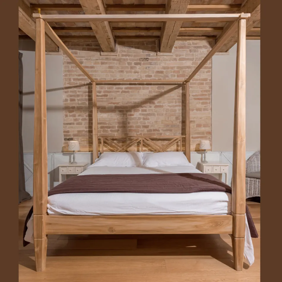 Doppelbett (160 x 200 cm) mit Himmelbett aus massivem Teakholz – Aquarell Viadurini