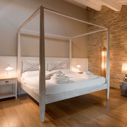 Doppelbett (160 x 200 cm) mit Himmelbett aus massivem Teakholz – Aquarell Viadurini