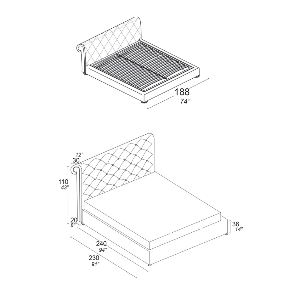 Doppelbett mit Capitonné-Polsterung und Holzfüßen - Briosco Viadurini