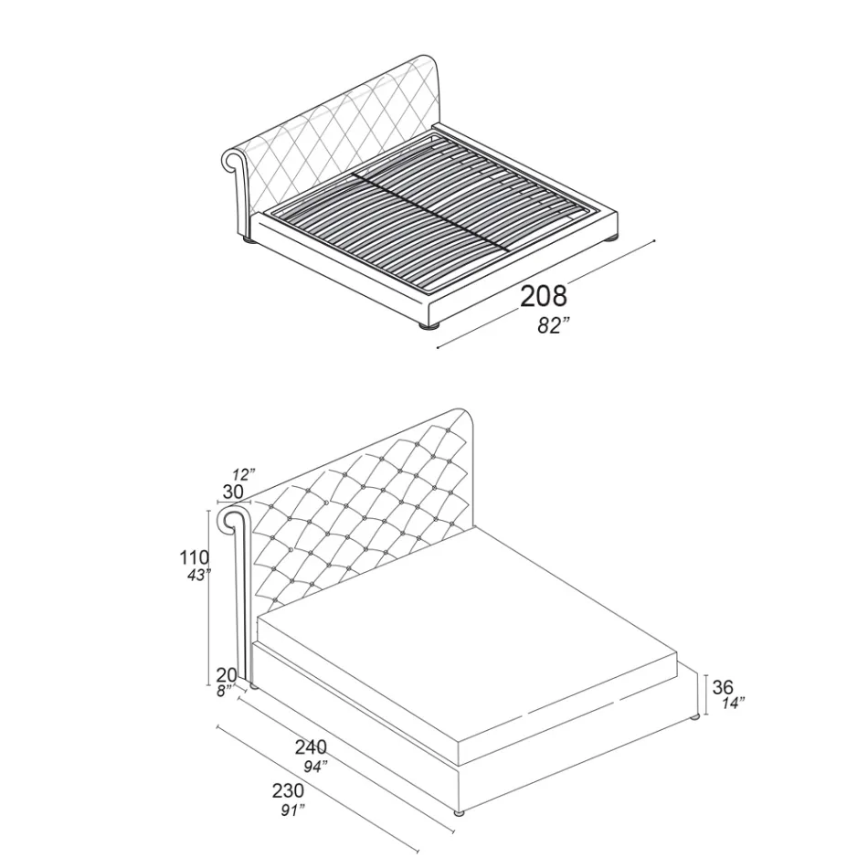 Doppelbett mit Capitonné-Polsterung und Holzfüßen - Briosco Viadurini