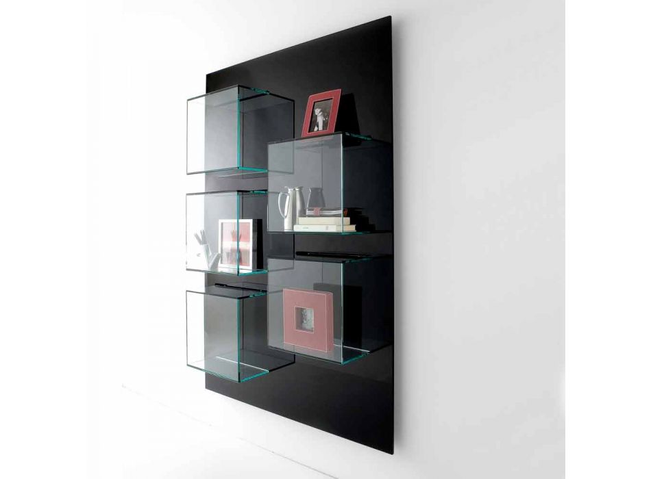 Wandbücherregal Schwarze Holzplatte und Glasregale 2 Größen - Basil Viadurini