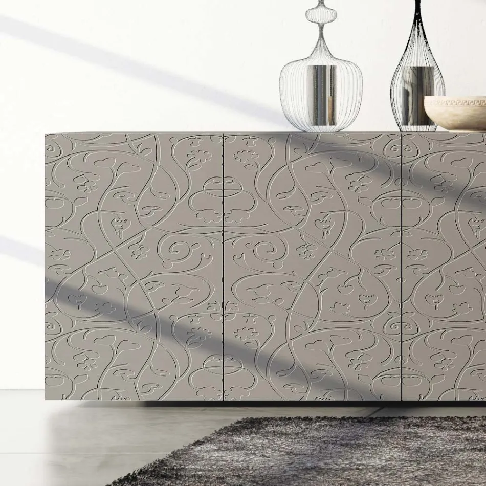 Sideboard 4 Türen aus schlammlackiertem MDF mit Flachrelief Made in Italy - Lolla Viadurini