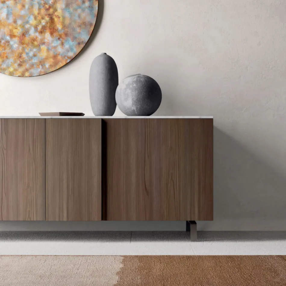 Sideboard mit 2 Türen für Wohnzimmer, aus ökologischem Holz und Metallplatte aus Marmor - Braun Viadurini