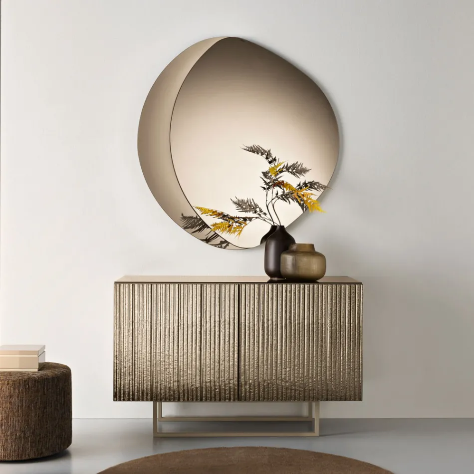Zweitüriges Sideboard aus melaminbeschichtetem Glas mit geriffeltem Glas, hergestellt in Italien - Ninfa Viadurini