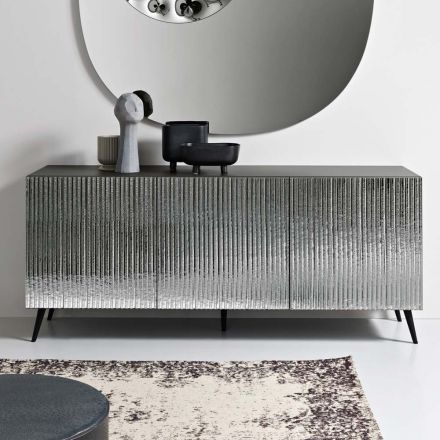Dreitüriges Sideboard aus gestreiftem Glas und melaminbeschichtetem Holz, hergestellt in Italien - Ninfa Viadurini