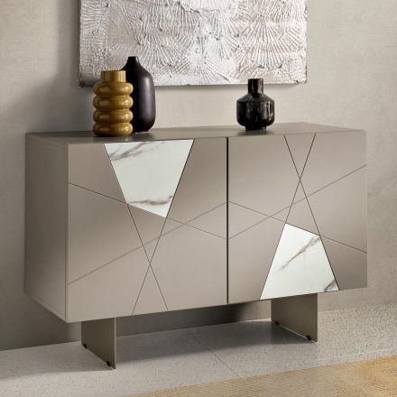 Sideboard mit 2 Türen aus lackiertem MDF mit Pantograph und Glaseinsätzen in Marmoroptik - Danila Viadurini