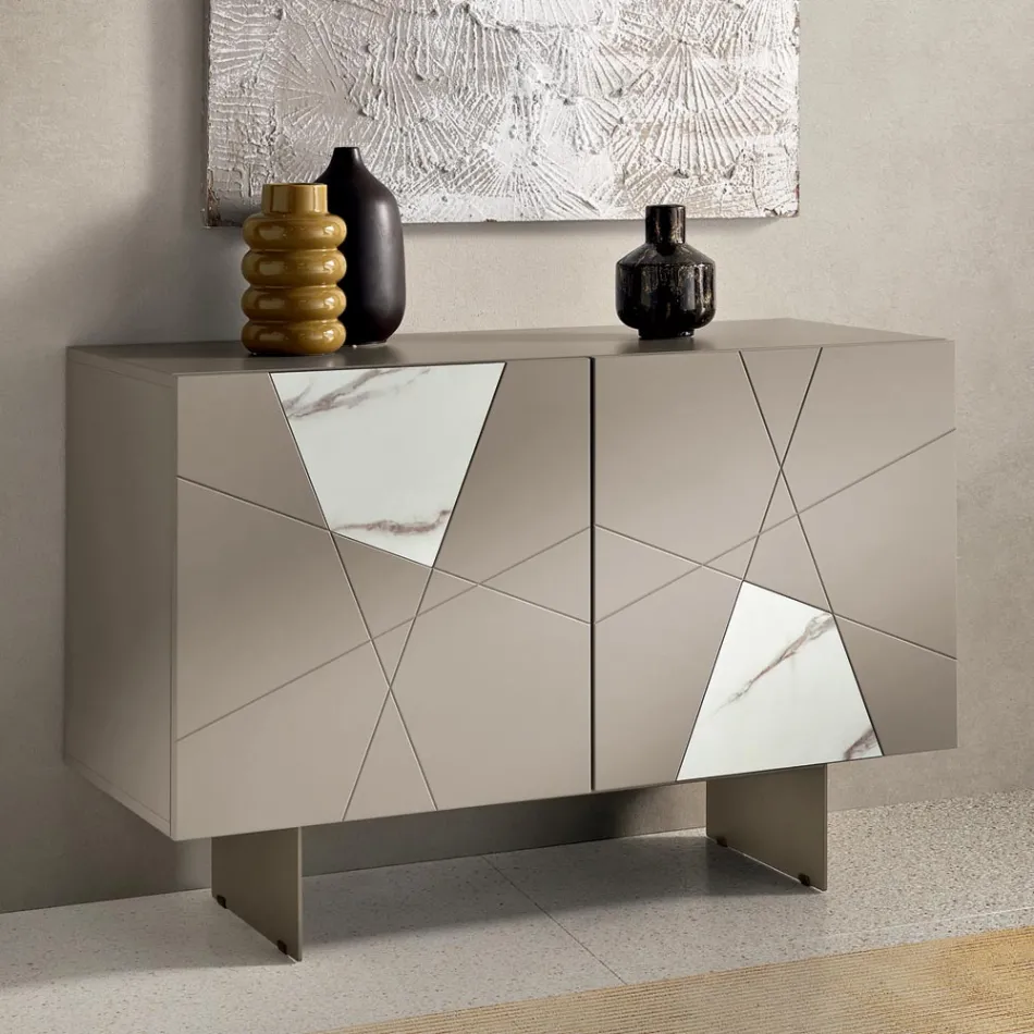 Sideboard mit 2 Türen aus lackiertem MDF mit Pantograph und Glaseinsätzen in Marmoroptik - Danila Viadurini