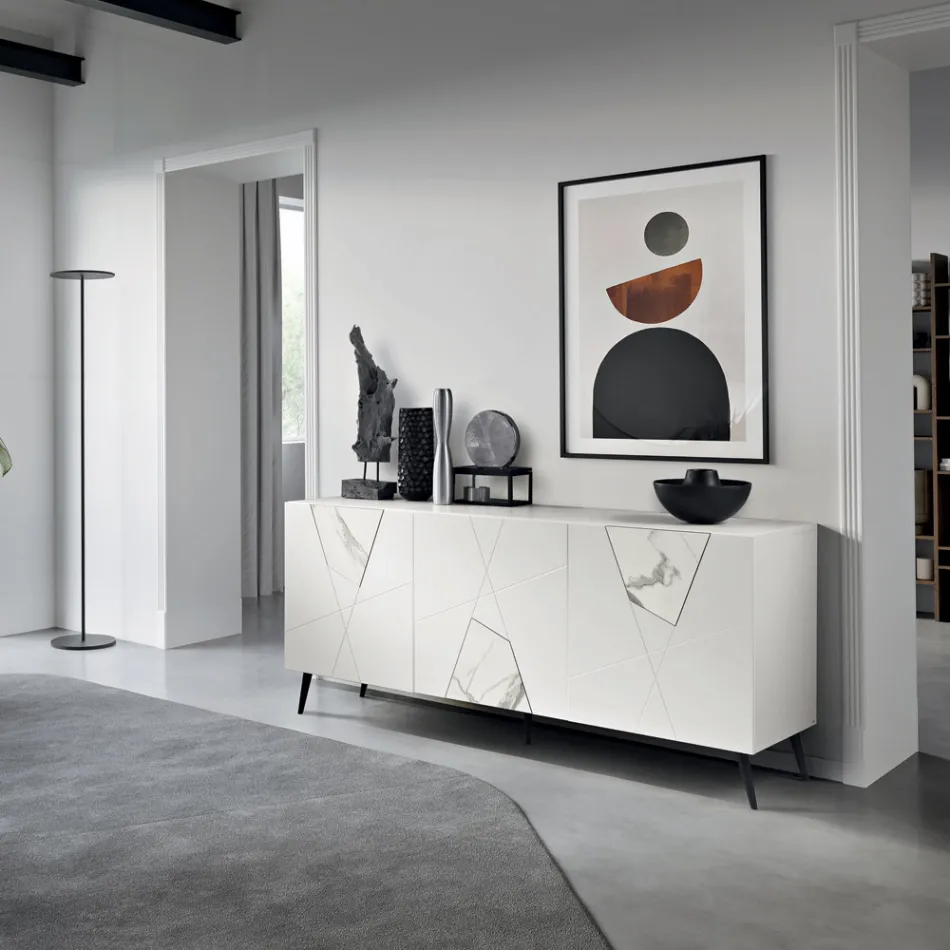 Sideboard mit 3 Türen aus lackiertem MDF mit Pantograph und Glaseinsätzen in Marmoroptik - Danila Viadurini