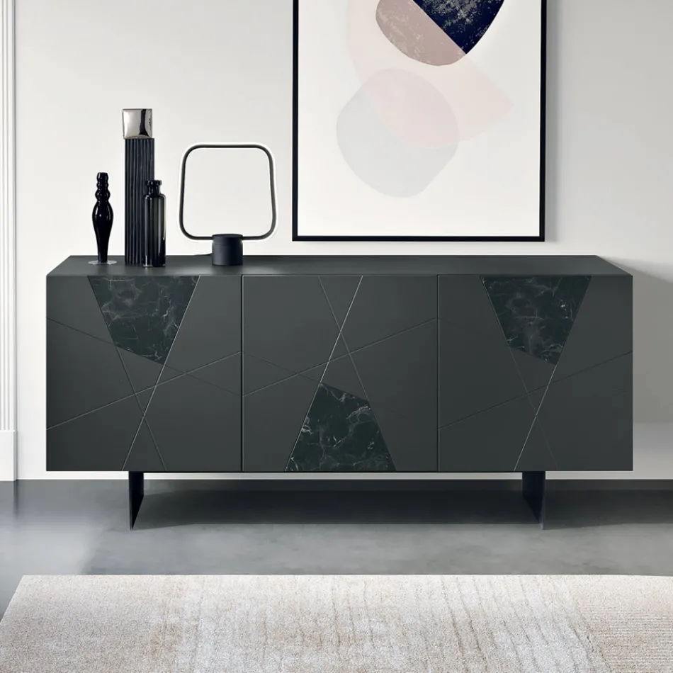Sideboard mit 3 Türen aus lackiertem MDF mit Pantograph und Glaseinsätzen in Marmoroptik - Danila Viadurini