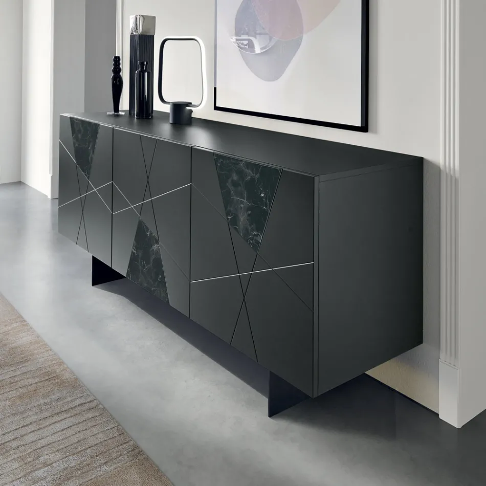 Sideboard mit 3 Türen aus lackiertem MDF mit Pantograph und Glaseinsätzen in Marmoroptik - Danila Viadurini