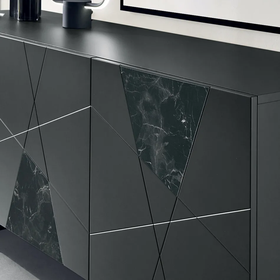 Sideboard mit 3 Türen aus lackiertem MDF mit Pantograph und Glaseinsätzen in Marmoroptik - Danila Viadurini