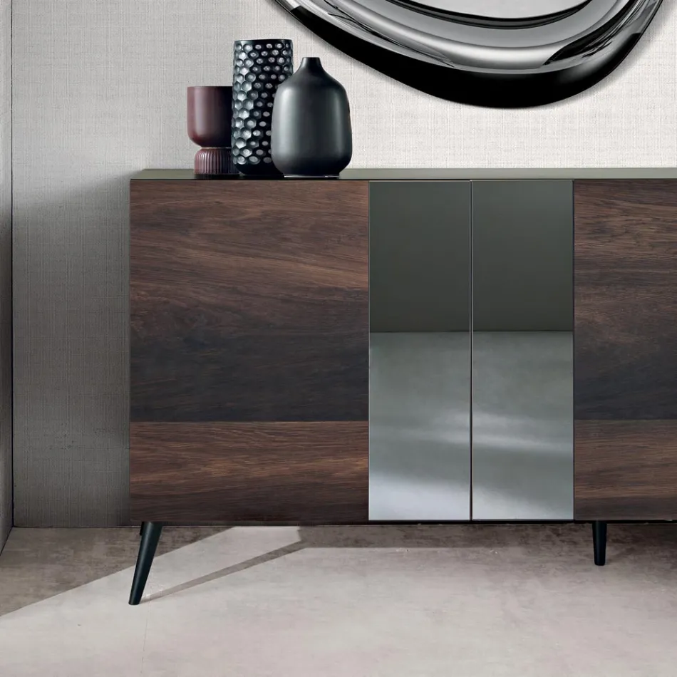 Sideboard mit 3 Eichenfurniertüren und Spiegeleinsätzen - Enrica Viadurini